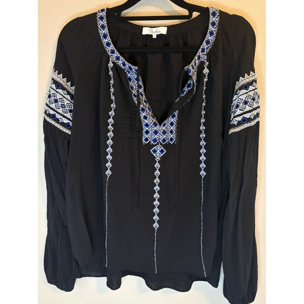 Parker XS Black Embroidered Boho Blouse Blue White Rayon Top
